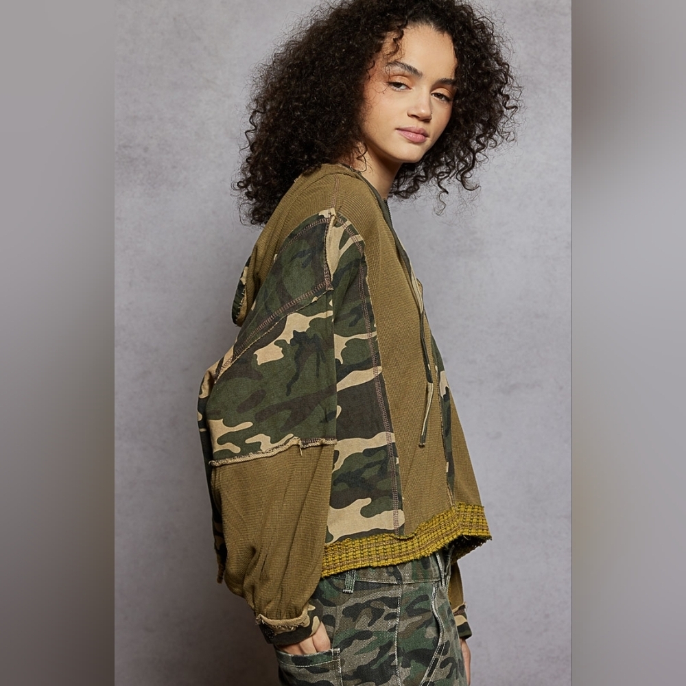 POL Mixed Media Patchwork Camo Waffle Knit Zip-Up Hoodie